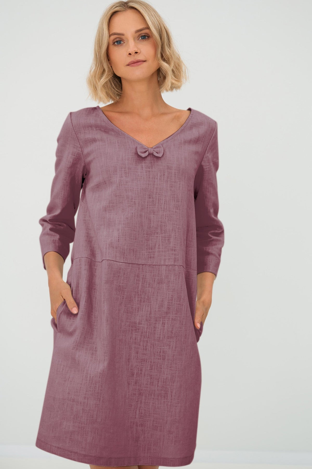 Linen dress SUN — Stonewashed V-Neck Linen Above the Knee Dusty rose#Color_Dusty rose