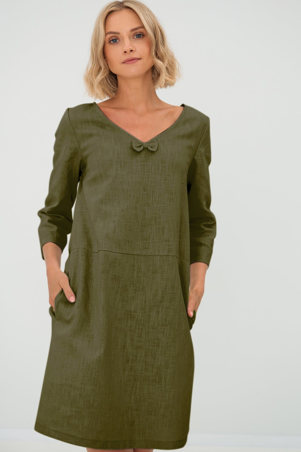 Linen dress SUN — Stonewashed V-Neck Linen Above the Knee Olive Green#Color_Olive Green