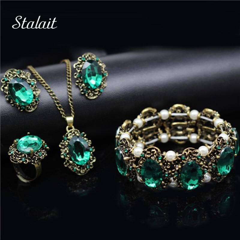 Conjunto Cristal Colar Brincos Pulseira e Anéis de Bronze Antigo