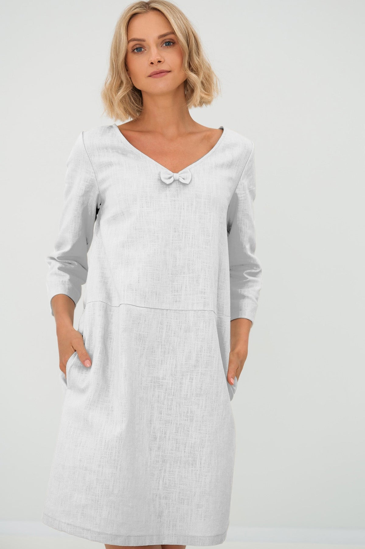 Linen dress SUN — Stonewashed V-Neck Linen Above the Knee White#Color_White
