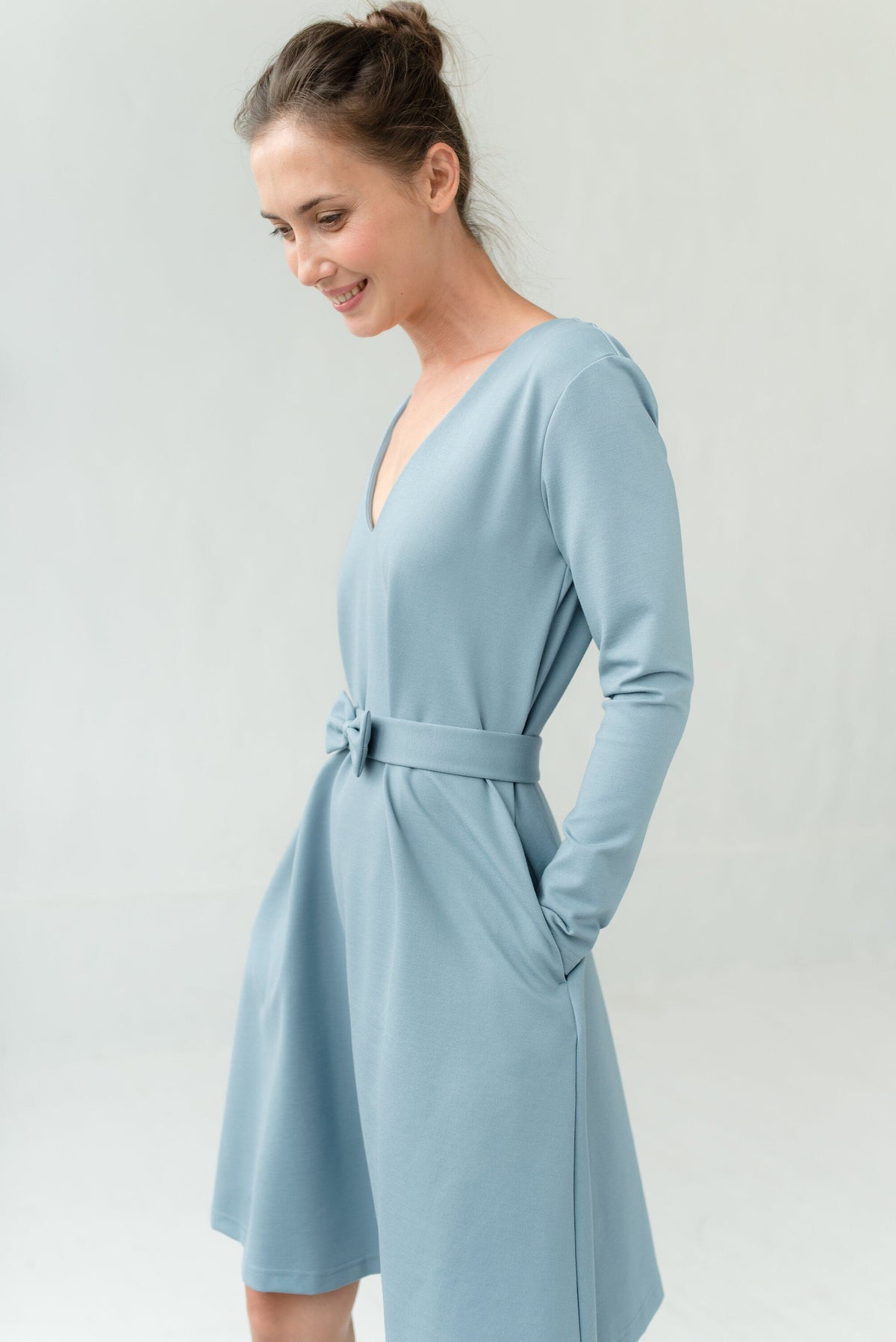 JAZZ — Italian Punto Milano Knit Dress, Belted V-Neck