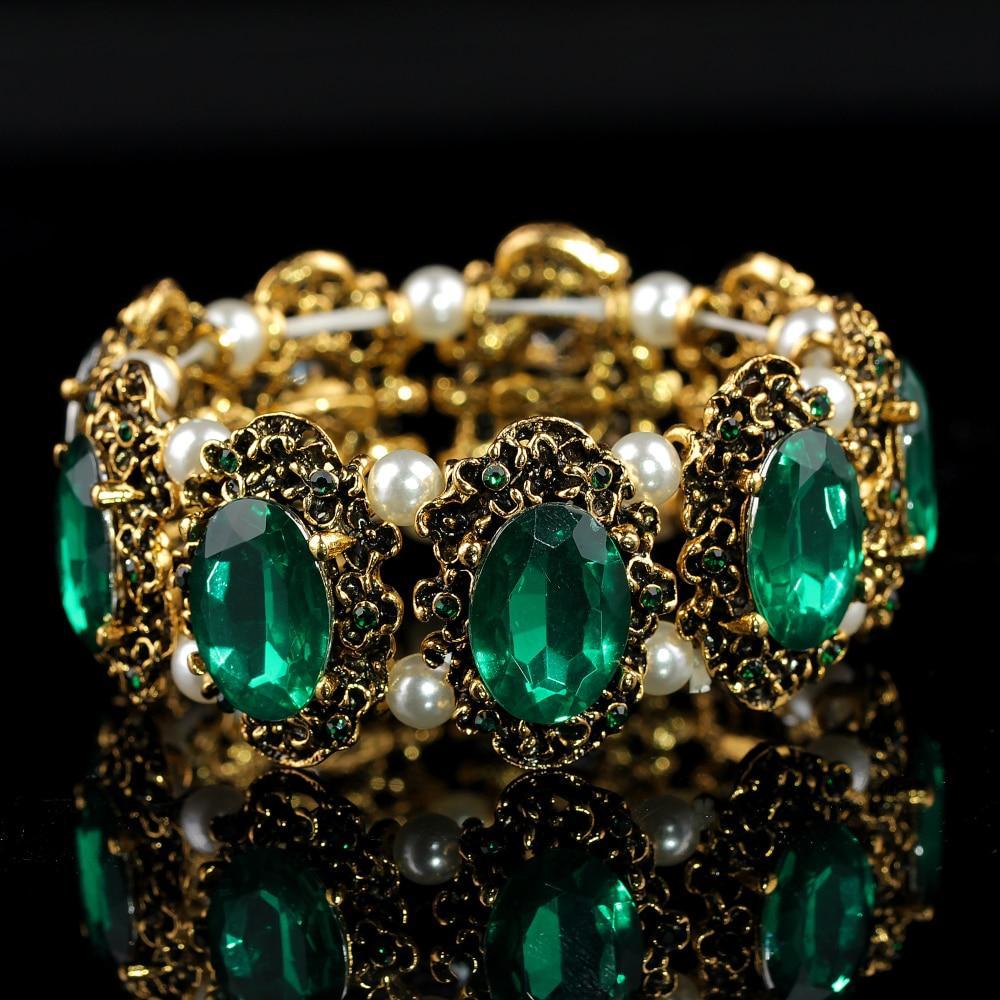 Conjunto Cristal Colar Brincos Pulseira e Anéis de Bronze Antigo